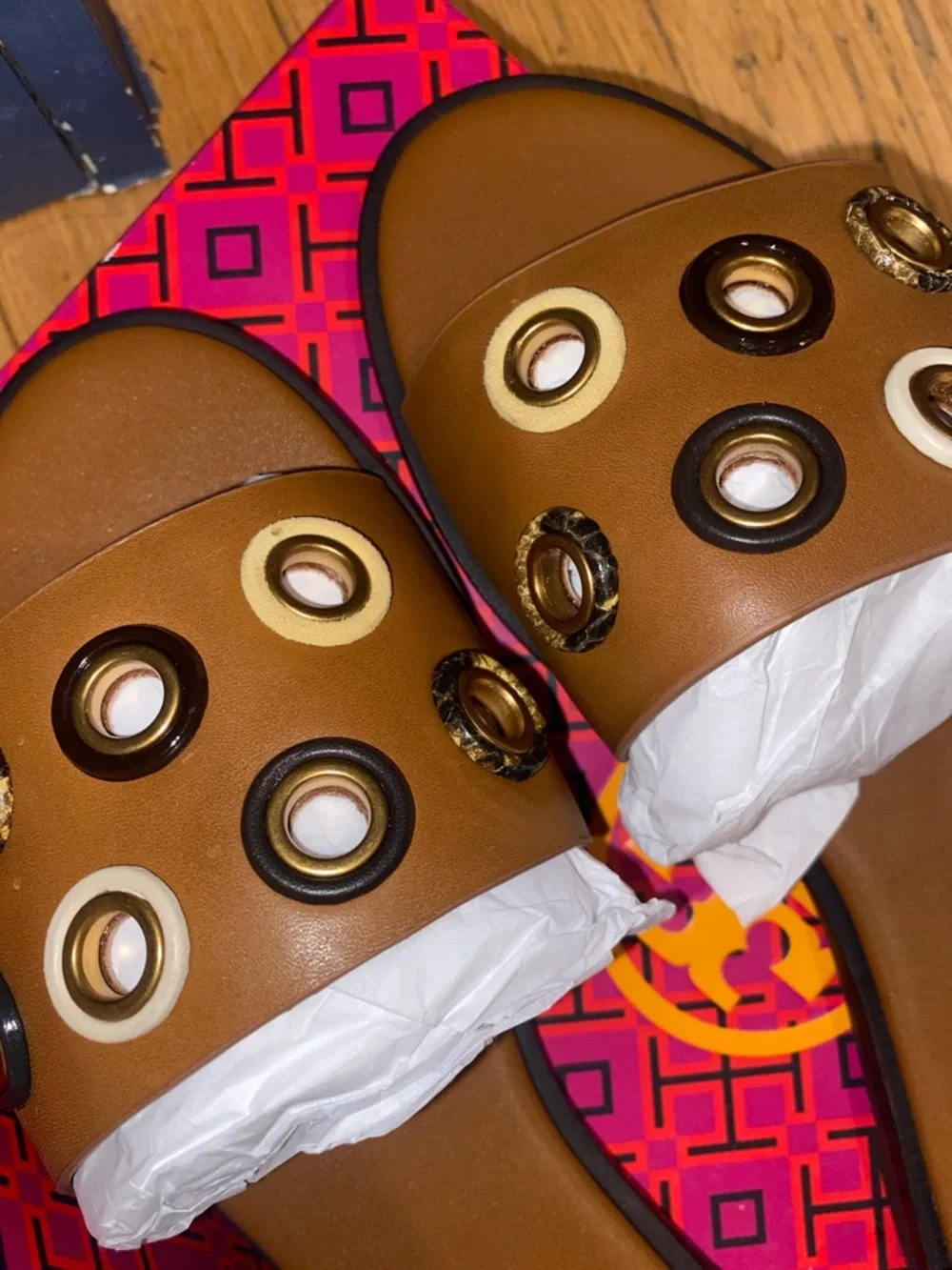 Everly Tan Slide Sandals with Gold and Black Grommet Accents